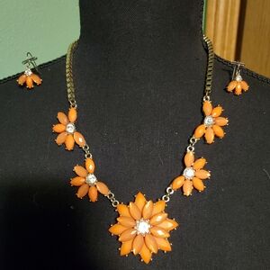 Orange Floral ststement Necklace and Earring Set